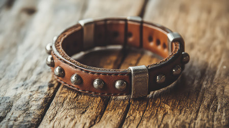This exquisite leather bracelet showcases intricate studded details, resting elegantly on a rustic wooden surface, perfect for stylish accessorizing.の素材