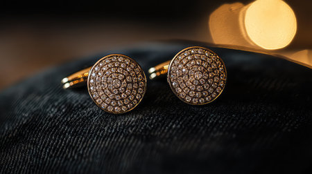 A stunning pair of elegant gold earrings adorned with sparkling diamonds, perfectly showcased against a soft black fabric background, ideal for highlighting beauty.の素材