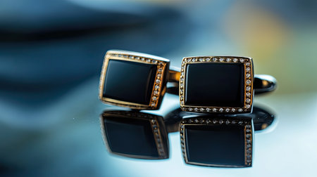 Stunning black cufflinks reflect luxury and sophistication, beautifully crafted with sparkling jewels. Perfect accessory for formal outfits and special occasions.の素材