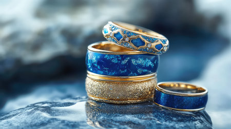 An exquisite display of elegant blue and gold rings set against a textured surface. Each ring showcases intricate designs and sparkling elements, epitomizing luxury.の素材