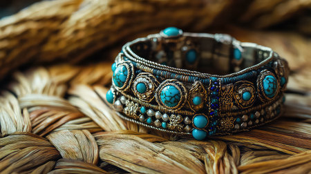 A beautifully crafted vintage bracelet featuring vibrant turquoise stones and intricate silver detailing, set on a natural woven backdrop, showcasing artistry.の素材