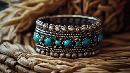 This stunning silver bracelet features vibrant turquoise accents, showcasing exquisite craftsmanship against a natural straw background, perfect for jewelry enthusiasts.の素材