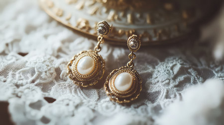 Discover the beauty of these elegant gold vintage earrings adorned with pearls, perfectly arranged on lace, ideal for fashion enthusiasts and jewelry collectors.の素材