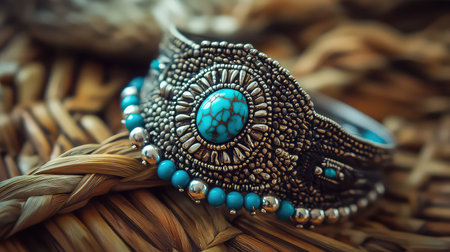 This stunning vintage bohemian silver bracelet features a vibrant turquoise stone, intricate beadwork, and a unique decorative design, perfect for elegant outfits.の素材