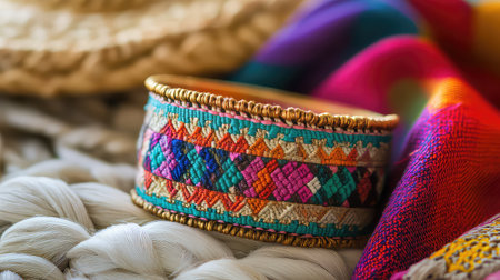 This image showcases a vibrant handcrafted bracelet featuring intricate patterns. Set against a backdrop of textured fabric, it highlights artisan craftsmanship and colorful threads.の素材