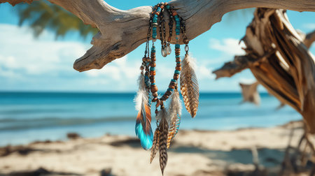This stunning bohemian necklace adorned with feathers and vivid beads dangles from a piece of driftwood against a serene beach backdrop, capturing the essence of summer relaxation by the ocean.の素材