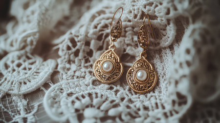 This exquisite image features elegant gold earrings adorned with pearls, showcased against a delicate lace background, perfect for fashion enthusiasts and jewelry lovers.の素材