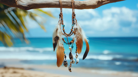 A stunning beach scene showcases a dreamcatcher adorned with vibrant feathers and beads, gently swaying from a tree branch, embodying serenity and creativity.の素材