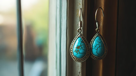 Stunning teardrop earrings featuring vibrant turquoise stones and intricate silver detailing, elegantly displayed by a sunlit window. Perfect for various occasions.の素材