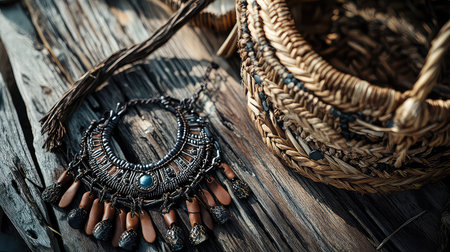 A beautiful display of handmade jewelry featuring intricate designs, placed next to a woven basket on a rustic wooden surface, showcasing artistry and unique craftsmanship.の素材