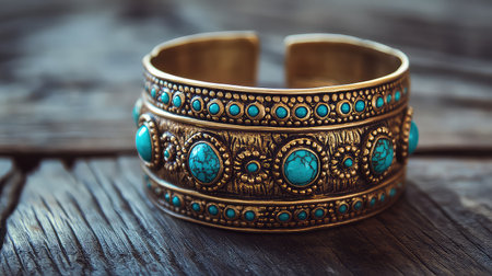 This elegant vintage cuff bracelet showcases intricate turquoise stones set in a detailed metal design, perfect for fashion enthusiasts and collectors.の素材