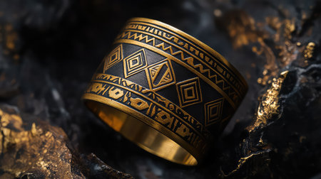A stunning gold bracelet showcases detailed geometric patterns on a black background, emphasizing modern elegance and artisanal craftsmanship.の素材