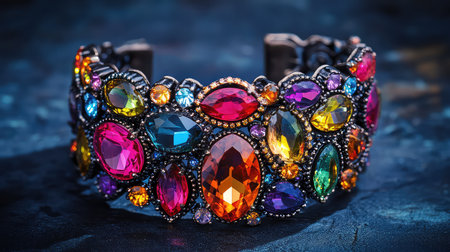 This stunning multicolored gemstone bracelet features a dazzling array of jewels in various shapes, perfect for adding elegance and charm to any outfit.の素材