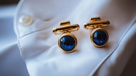Stunning gold cufflinks featuring deep blue stones are displayed on a pristine white shirt fabric, perfect for enhancing formal attire and accessories.の素材
