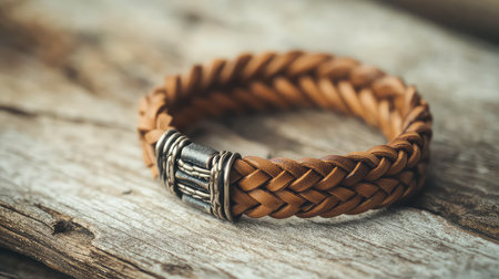 This image features a stylish brown leather bracelet with intricate weaving, elegantly displayed against a rustic wooden backdrop, showcasing unique craftsmanship.の素材