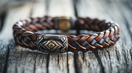 This image showcases a beautifully crafted leather bracelet featuring intricate weaving and a unique metal clasp, set against a rustic wooden background.の素材