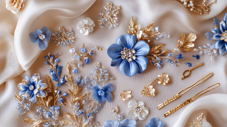 This stunning arrangement features elegant blue floral embellishments and accessories on a soft satin background, perfect for textile and fashion inspiration.の素材