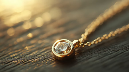 This stunning close-up image features a diamond pendant elegantly displayed on a delicate golden chain, set against a softly blurred background.の素材