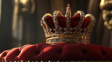 A stunning royal crown adorned with gold and sparkling jewels rests elegantly on a plush red velvet cushion. The warm light highlights its intricate details, making it a symbol of luxury and wealth.の素材