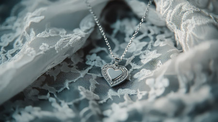 A stunning silver heart pendant necklace resting on a delicate lace fabric. The soft lighting enhances the elegance and romantic feel of this jewelry piece.の素材