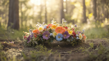 A stunning floral arrangement of colorful flowers rests on the forest floor, illuminated by soft sunlight, encapsulating the beauty of nature.の素材