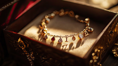 An eye-catching charm bracelet adorned with assorted gemstones, elegantly displayed in an ornate jewelry box, reflecting luxury and exquisite craftsmanship.の素材