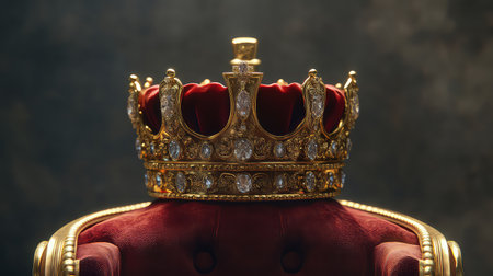 A stunning golden crown adorned with jewels rests on a plush red velvet chair, illuminated softly against a dark backdrop, symbolizing elegance and royalty.の素材