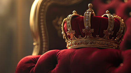An exquisite golden crown is elegantly positioned on a rich red velvet chair, showcasing opulence and royal heritage in a beautifully lit interior.の素材