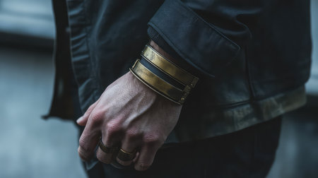 This striking image captures a man's wrist adorned with unique bracelets and rings, reflecting contemporary fashion and artistic craftsmanship in a stylish urban environment.の素材