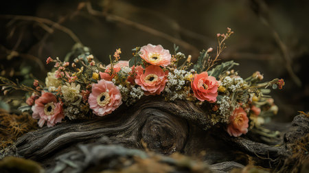 A stunning floral crown featuring soft pink and yellow blooms rests elegantly on a rustic wooden surface, surrounded by lush greenery, evoking natural beauty.の素材