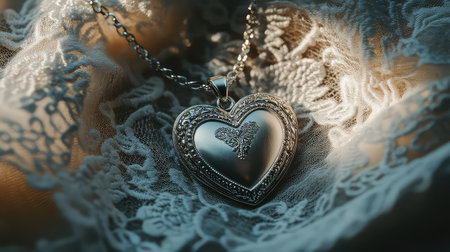 A stunning silver heart locket rests on delicate lace, capturing the essence of elegance and romance. Ideal for love-themed gifts and special occasions.の素材
