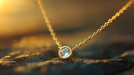 This stunning close-up image showcases an elegant gold necklace with a sparkling gem, perfectly lit by soft natural light, emphasizing its craftsmanship and beauty.の素材