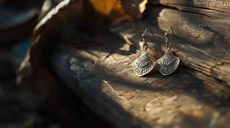 Captivating vintage silver earrings elegantly displayed on a rustic wooden surface, illuminated by soft natural light, highlighting their intricate design and artistic beauty.の素材