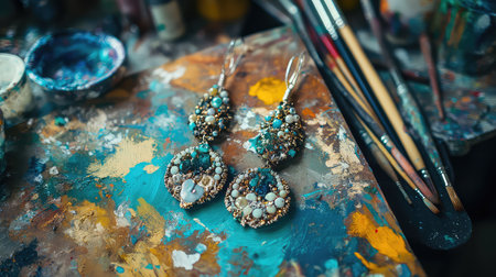 Discover the beauty of handcrafted earrings adorned with intricate beadwork and gemstones, resting on a colorful artist's workspace filled with paint and tools.の素材