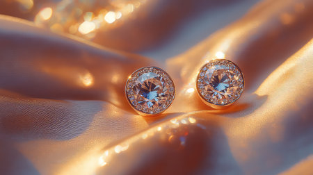This image features a stunning close-up of elegant diamond earrings resting on soft satin fabric. The warm lighting enhances the exquisite details and sparkle, making it a perfect representation of luxury and beauty in jewelry.の素材
