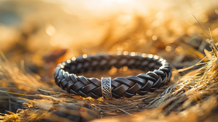 This stunning image showcases an elegant leather bracelet featuring an intricate silver accent, beautifully set against a natural sunset background, highlighting craftsmanship and style.の素材