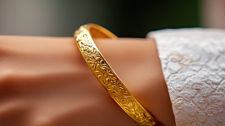 This close-up image showcases an elegant golden bracelet adorned with intricate floral designs, beautifully resting on a fashionable wrist. Perfect for emphasizing timeless jewelry styles.の素材
