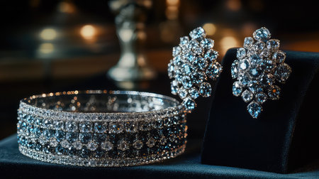 This stunning image features an elegant diamond bracelet paired with exquisite earrings, showcased in a luxurious setting, highlighting refined craftsmanship and beauty.の素材