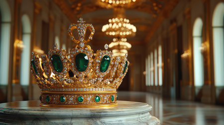 An exquisite royal crown adorned with emeralds and diamonds rests on a marble pedestal in an opulent palace hall, showcasing majestic elegance and rich history.の素材