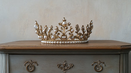 This stunning image features an ornate golden crown adorned with pearls, elegantly placed on a vintage wooden dresser in a chic interior setting.の素材
