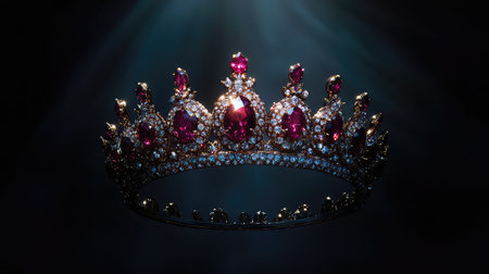 An exquisite crown adorned with brilliant diamonds and striking red gemstones, beautifully illuminated against a dark background, showcasing luxury and elegance.の素材