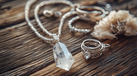 This artistic arrangement features elegant jewelry including a crystal pendant and silver rings on a rustic wooden surface, highlighting timeless beauty.の素材