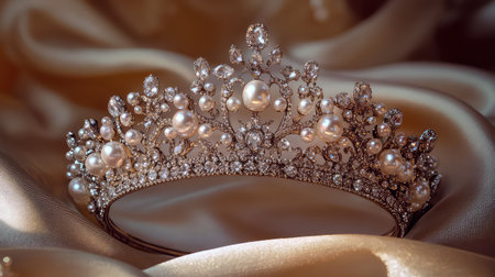 A stunning crown featuring pearls and crystals resting on soft satin fabric, symbolizing elegance and luxury. Perfect for bridal and fashion events.の素材