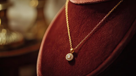 This stunning gold pendant necklace adorned with diamonds shines beautifully against a rich velvet background, showcasing luxury and elegance in jewelry design.の素材