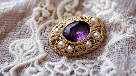 This exquisite vintage brooch features a captivating purple gemstone surrounded by lustrous pearls, set against a soft lace background, perfect for jewelry lovers.の素材