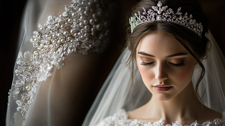 A close-up portrait of a beautiful bride wearing an elegant tiara and a delicate veil, highlighting details of her graceful makeup and accessories.の素材