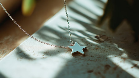 This image captures a beautiful silver star pendant necklace resting on a sunlit surface, surrounded by delicate shadows and leaves, showcasing elegance.の素材