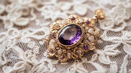 This stunning vintage amethyst pendant features intricate gold detailing and is set against a delicate lace background, showcasing elegance and craftsmanship.の素材