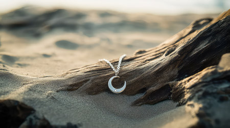 A stunning silver crescent moon necklace rests elegantly on sandy beach, capturing a moment of beauty and tranquility in natural light. Perfect for jewelry lovers.の素材