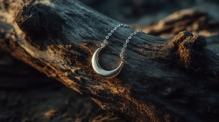 This striking silver crescent moon necklace gracefully rests on a rustic wooden log, illuminated by warm sunset light, perfect for nature and jewelry lovers.の素材